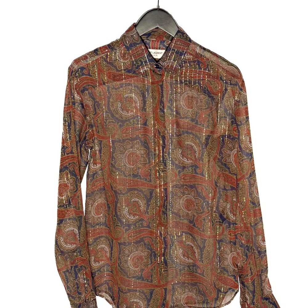 Saint Laurent FW18 Navy Red Paisley Metallic Silk Sheer Blouse